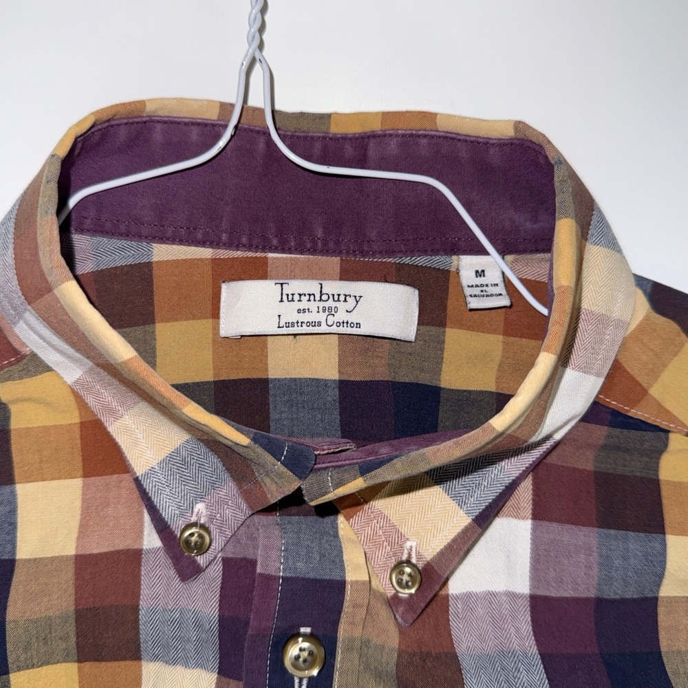 Turnbury Mens Lustrous Cotton Plaid Button Down Shirt Purple Gold Brown Size M - Picture 5 of 8